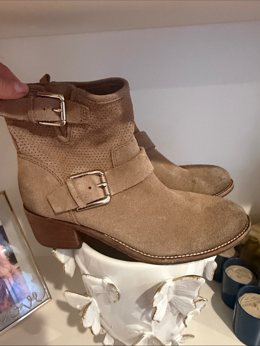 Donald J. Pliner Tan Suede Buckle Ankle Boots
